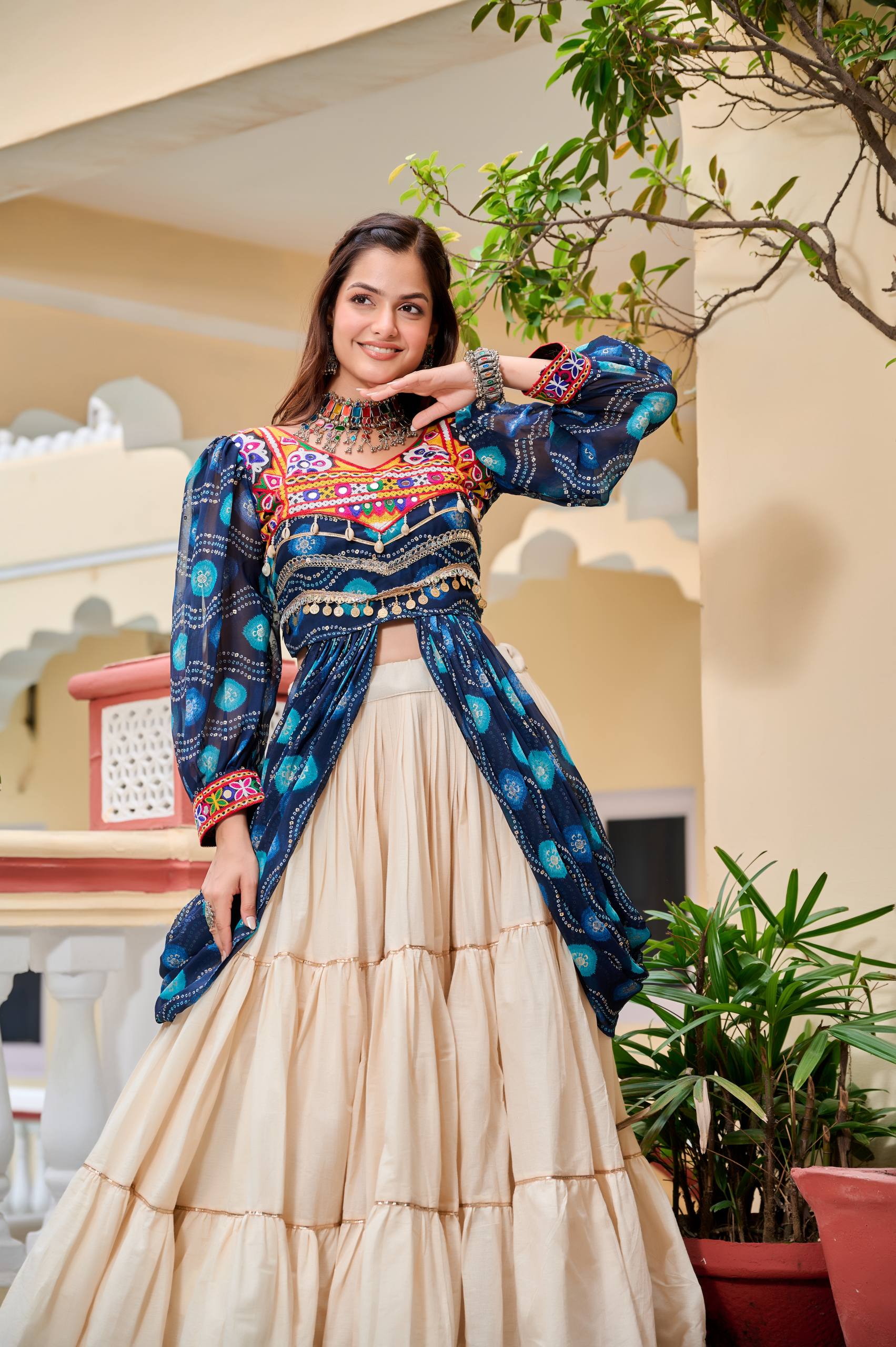 Pretty Mehndi Color Gamthi Work Shrug With Lehenga