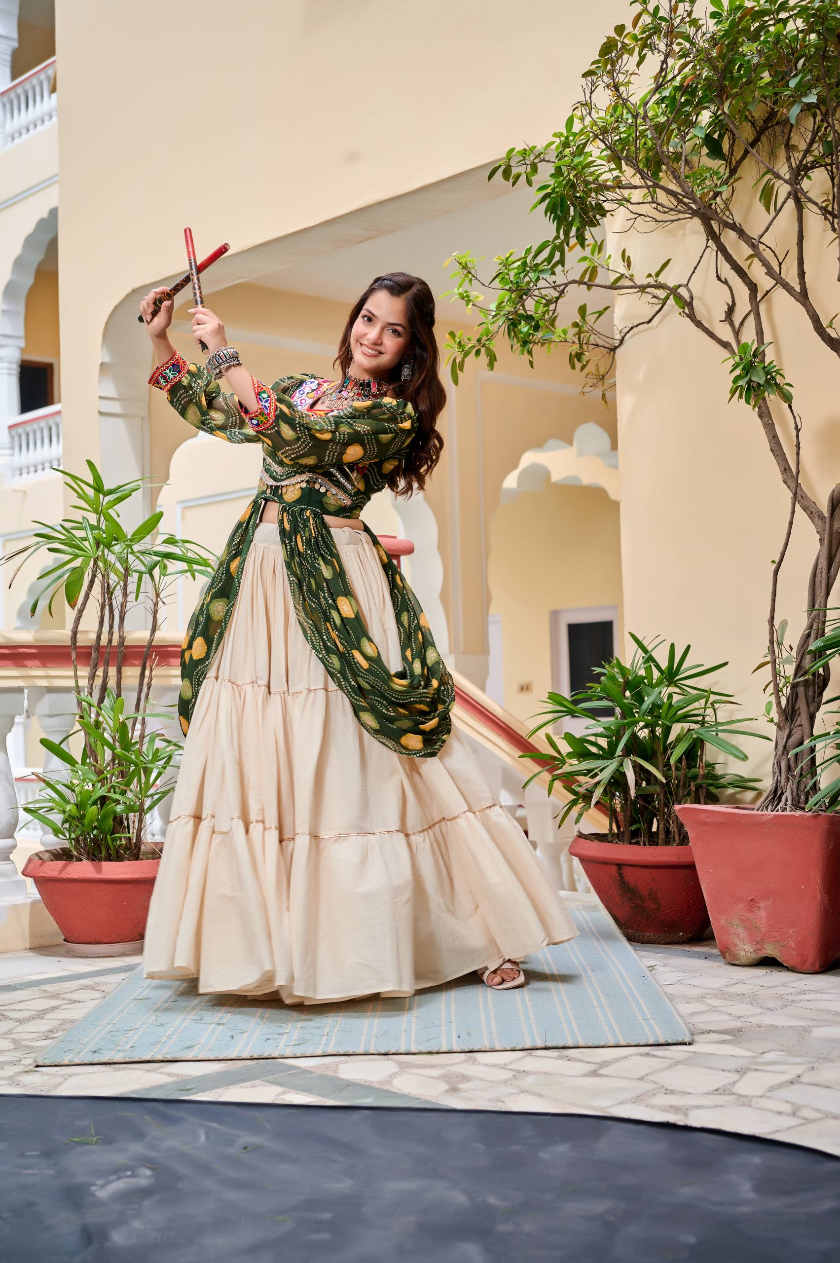 Pretty Mehndi Color Gamthi Work Shrug With Lehenga