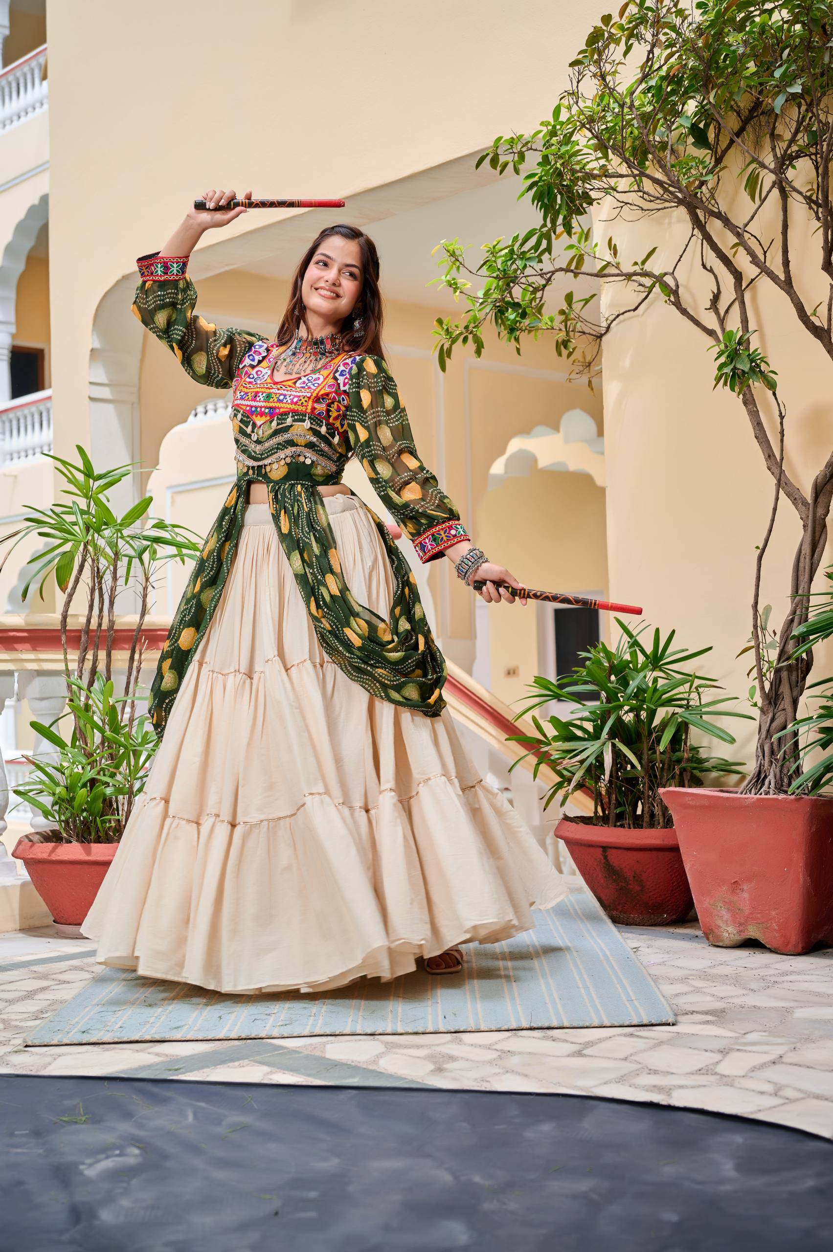 Pretty Mehndi Color Gamthi Work Shrug With Lehenga