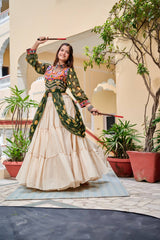 Pretty Mehndi Color Gamthi Work Shrug With Lehenga