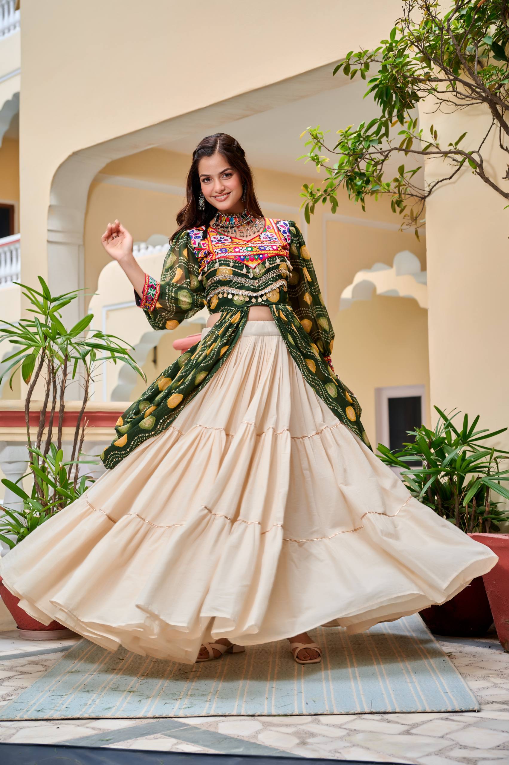 Pretty Mehndi Color Gamthi Work Shrug With Lehenga