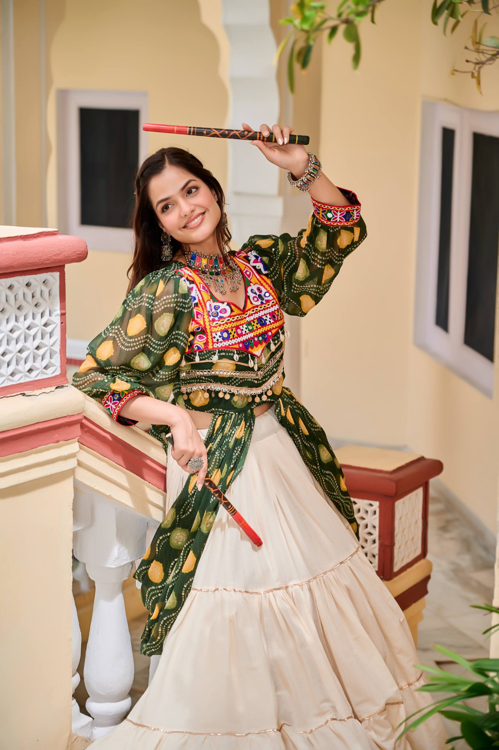 Pretty Mehndi Color Gamthi Work Shrug With Lehenga