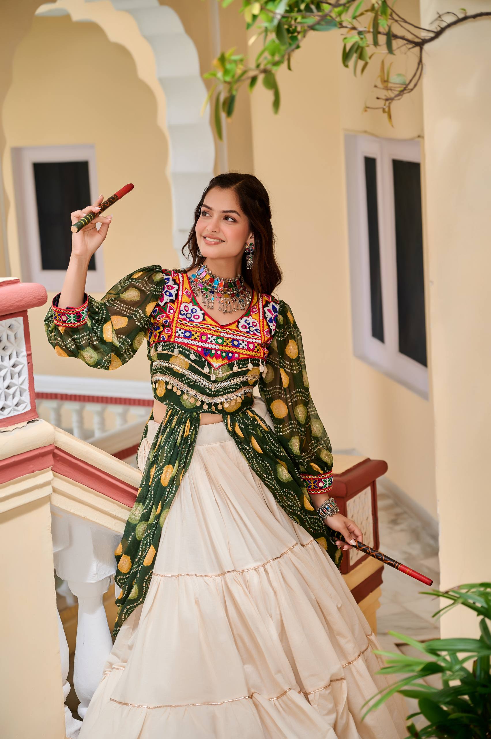Pretty Mehndi Color Gamthi Work Shrug With Lehenga