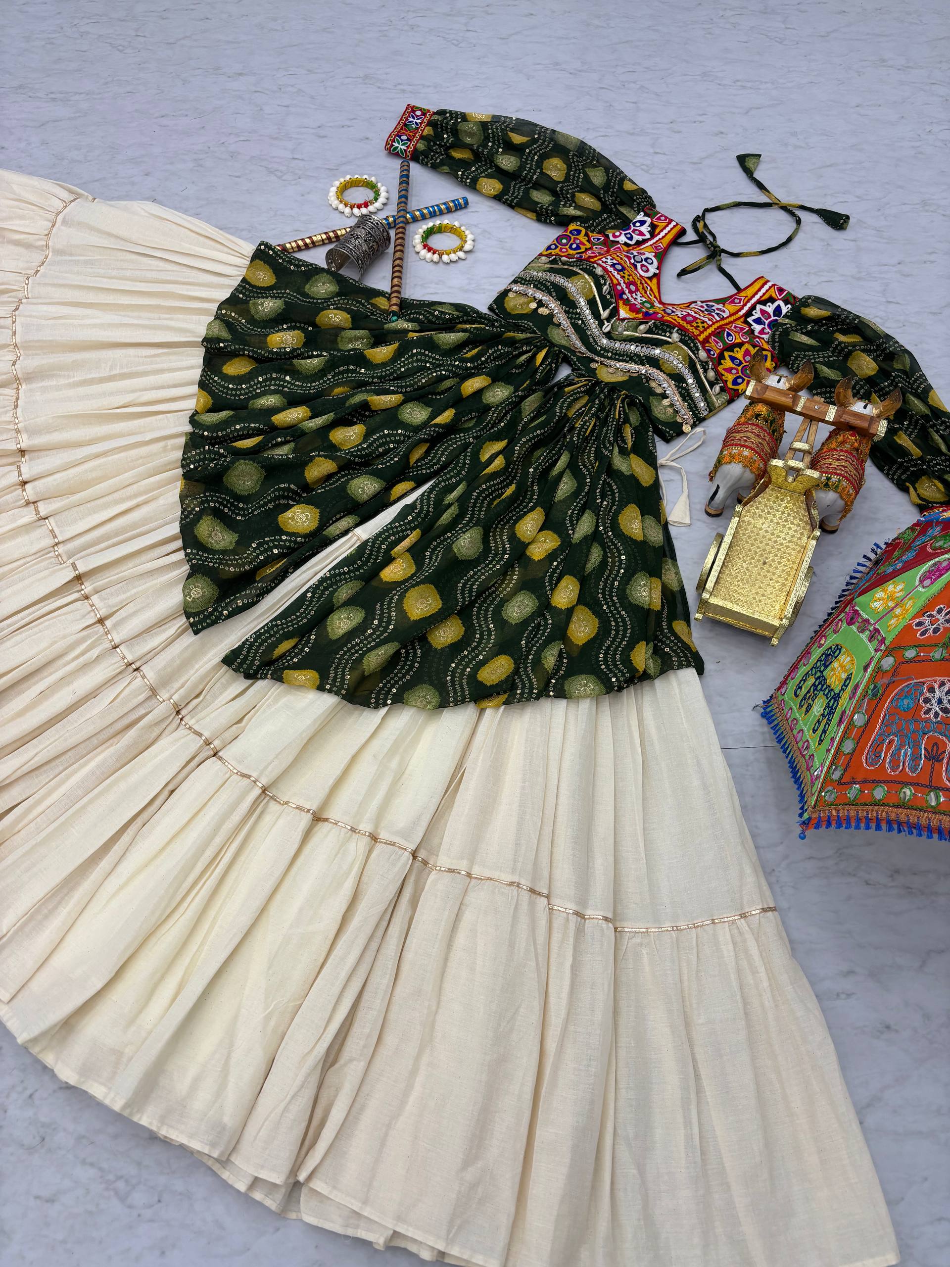 Pretty Mehndi Color Gamthi Work Shrug With Lehenga