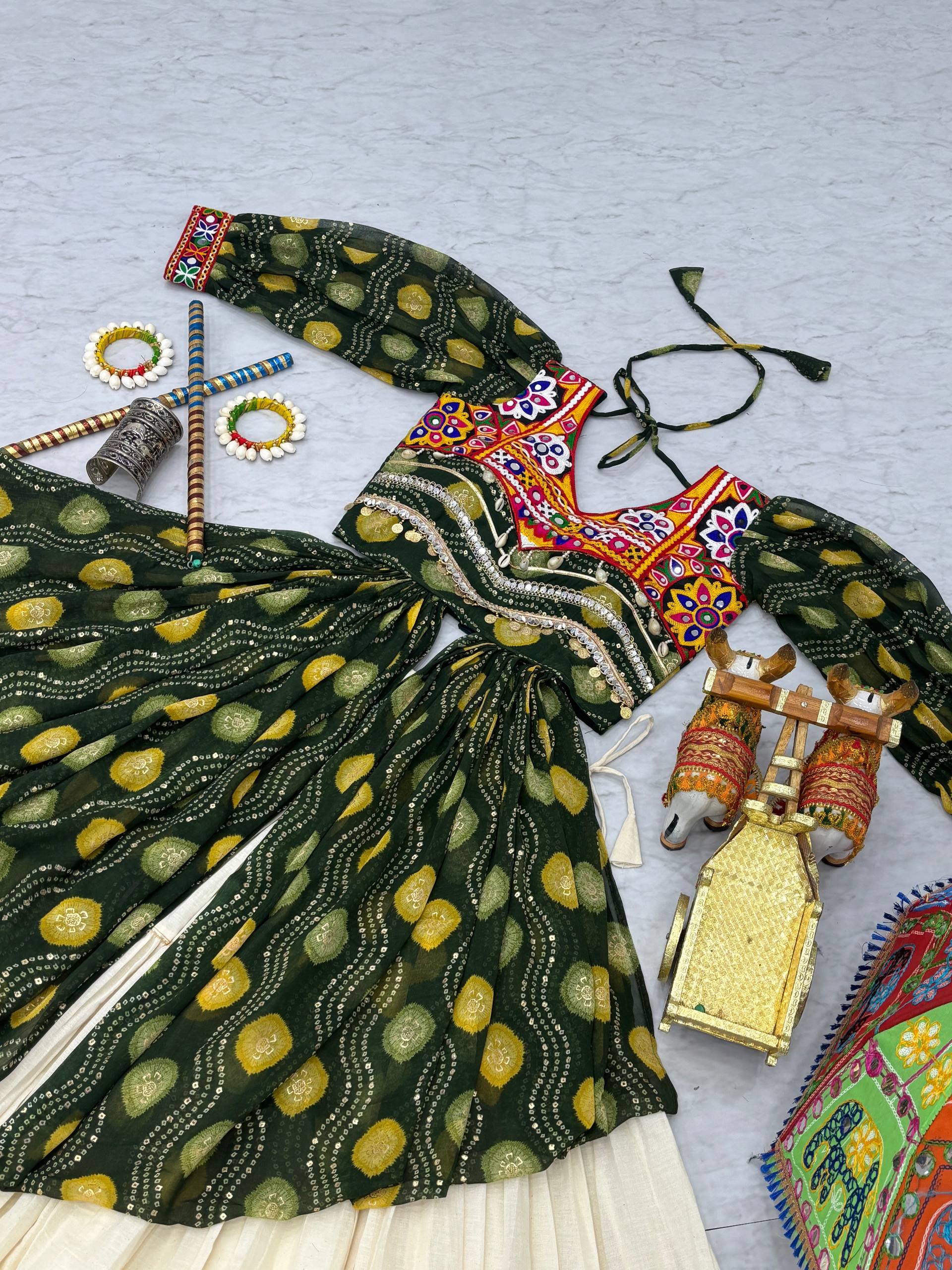 Pretty Mehndi Color Gamthi Work Shrug With Lehenga