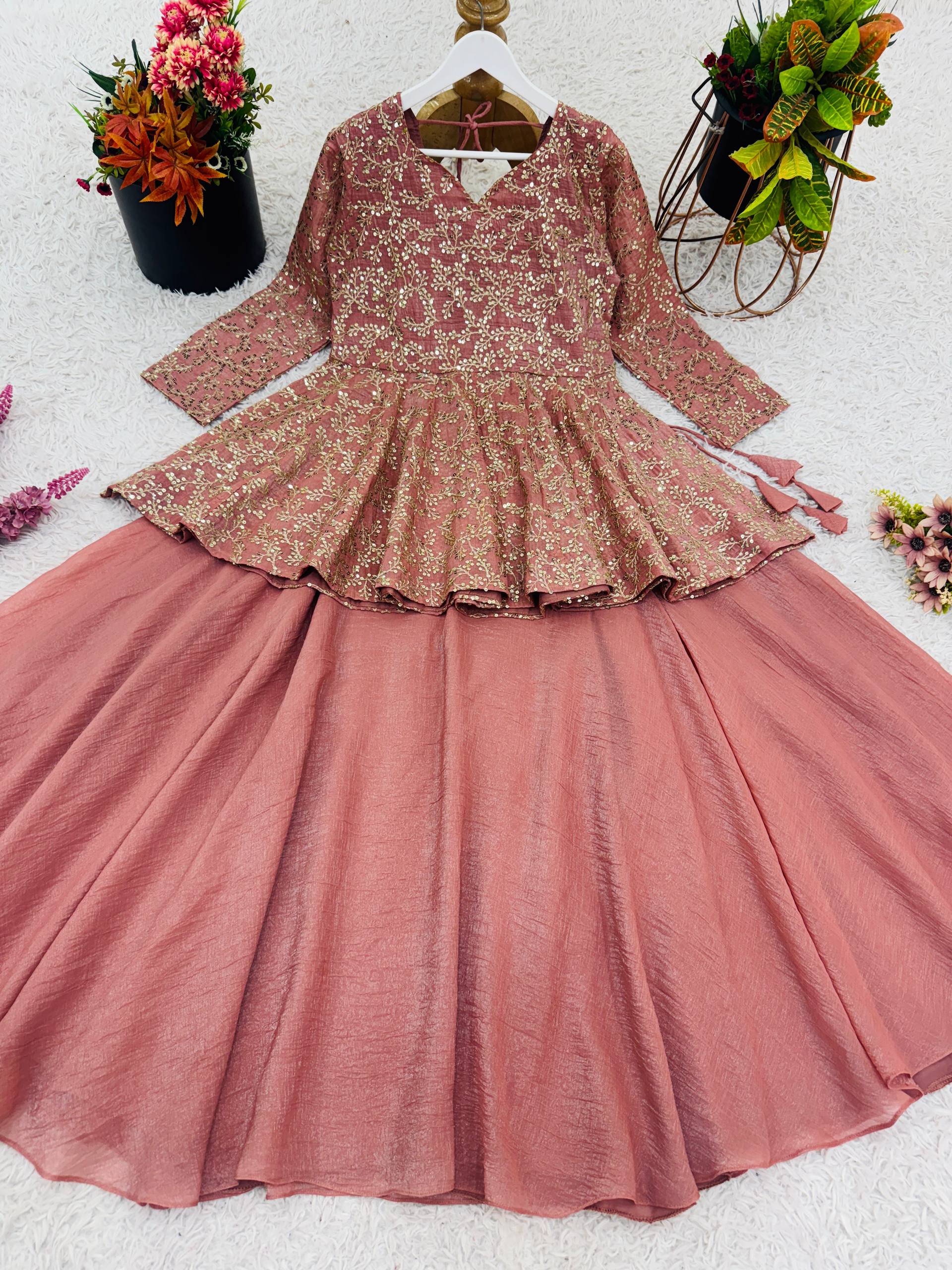 Pretty Peach Color Embroidery Work Top Lehenga