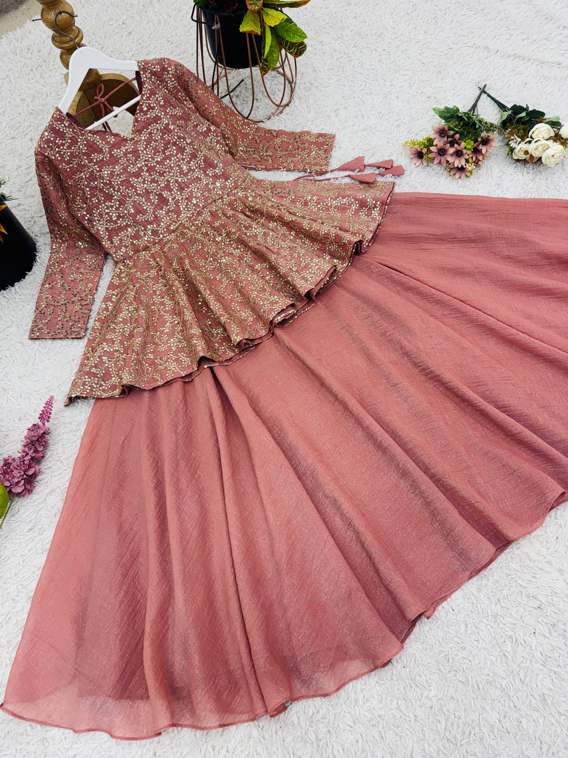 Pretty Peach Color Embroidery Work Top Lehenga