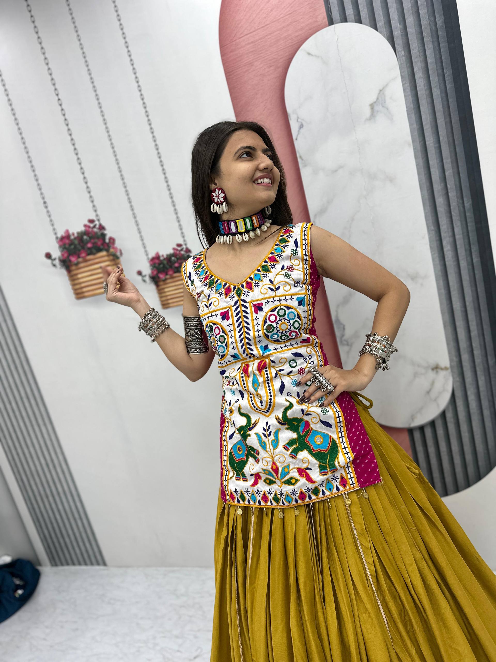 Navratri Collection Mustard Cotton Mirror Work Lehenga Choli