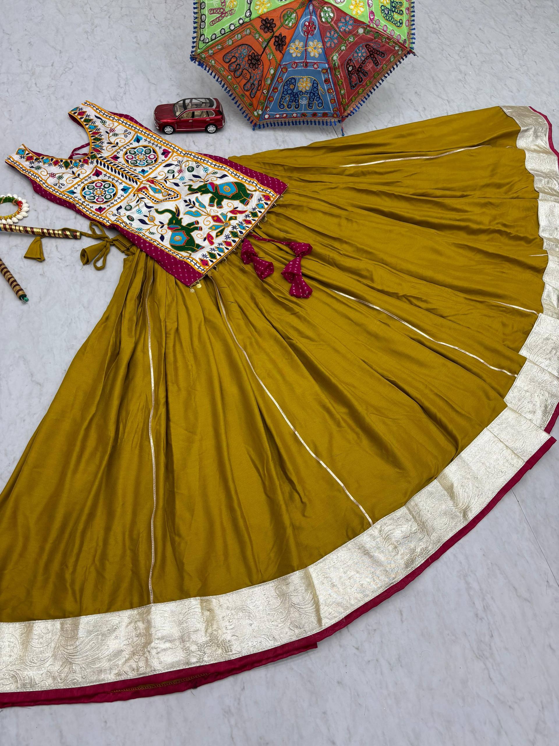 Navratri Collection Mustard Cotton Mirror Work Lehenga Choli