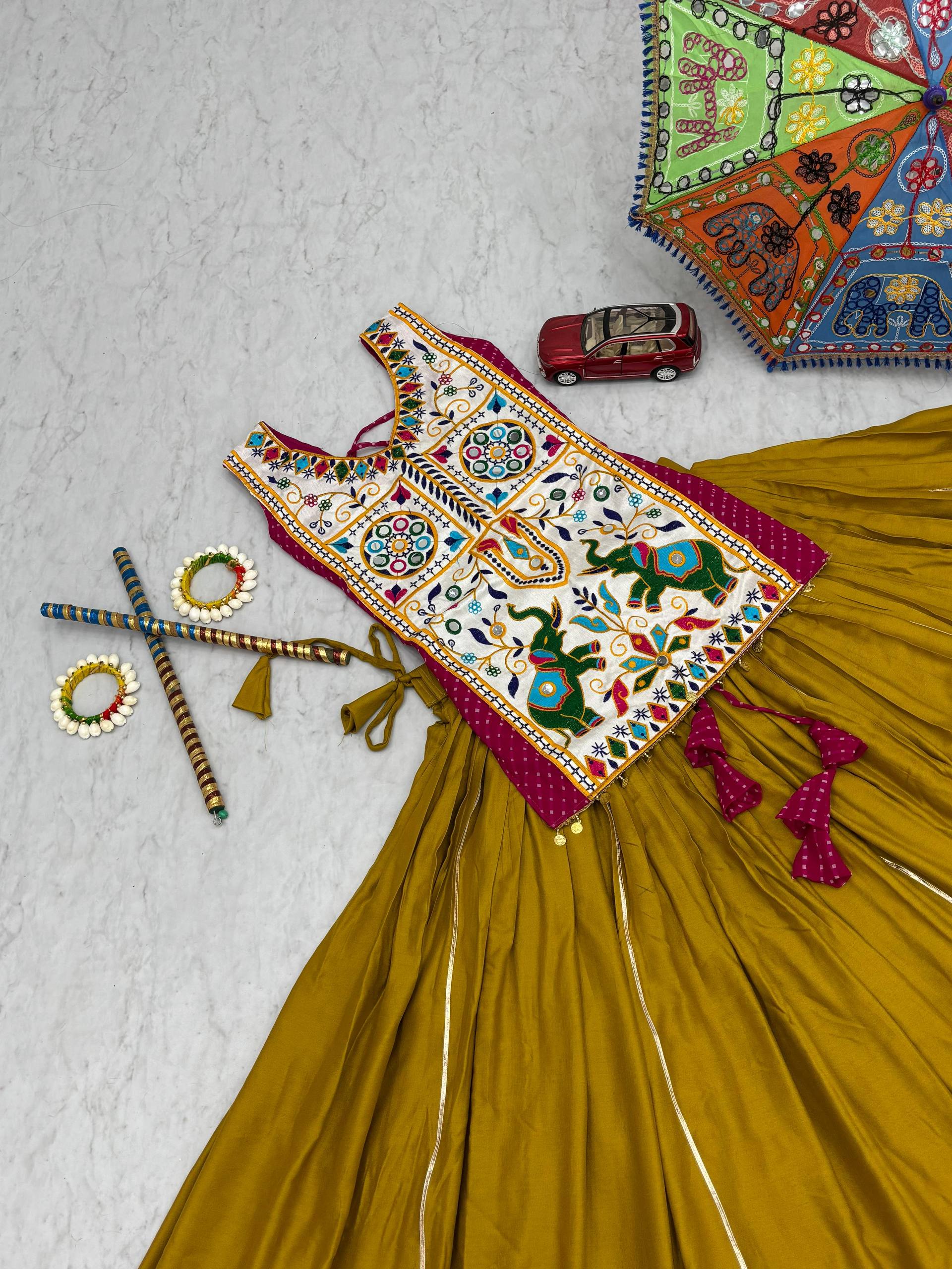 Navratri Collection Mustard Cotton Mirror Work Lehenga Choli