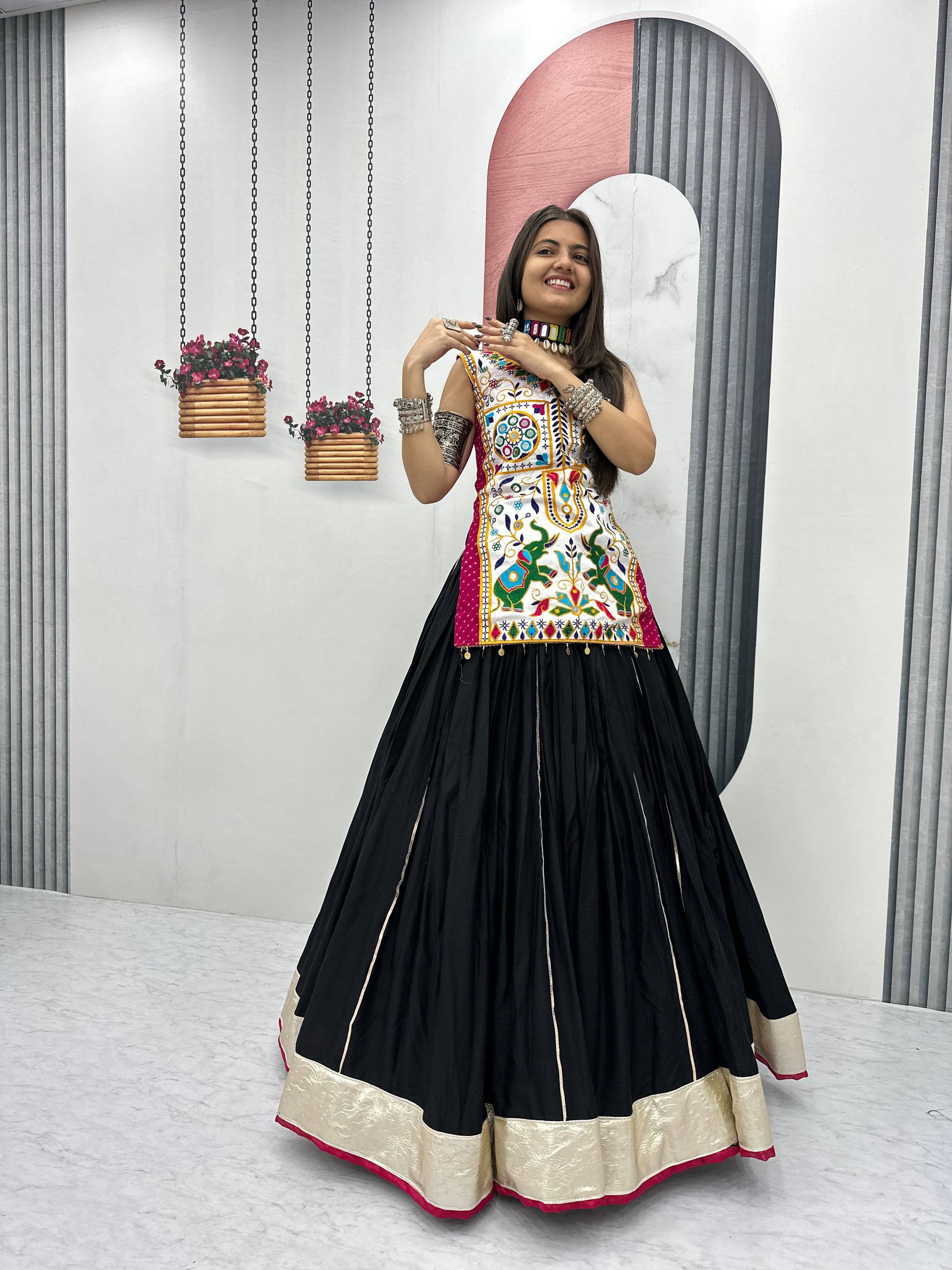 Navratri Collection Mustard Cotton Mirror Work Lehenga Choli