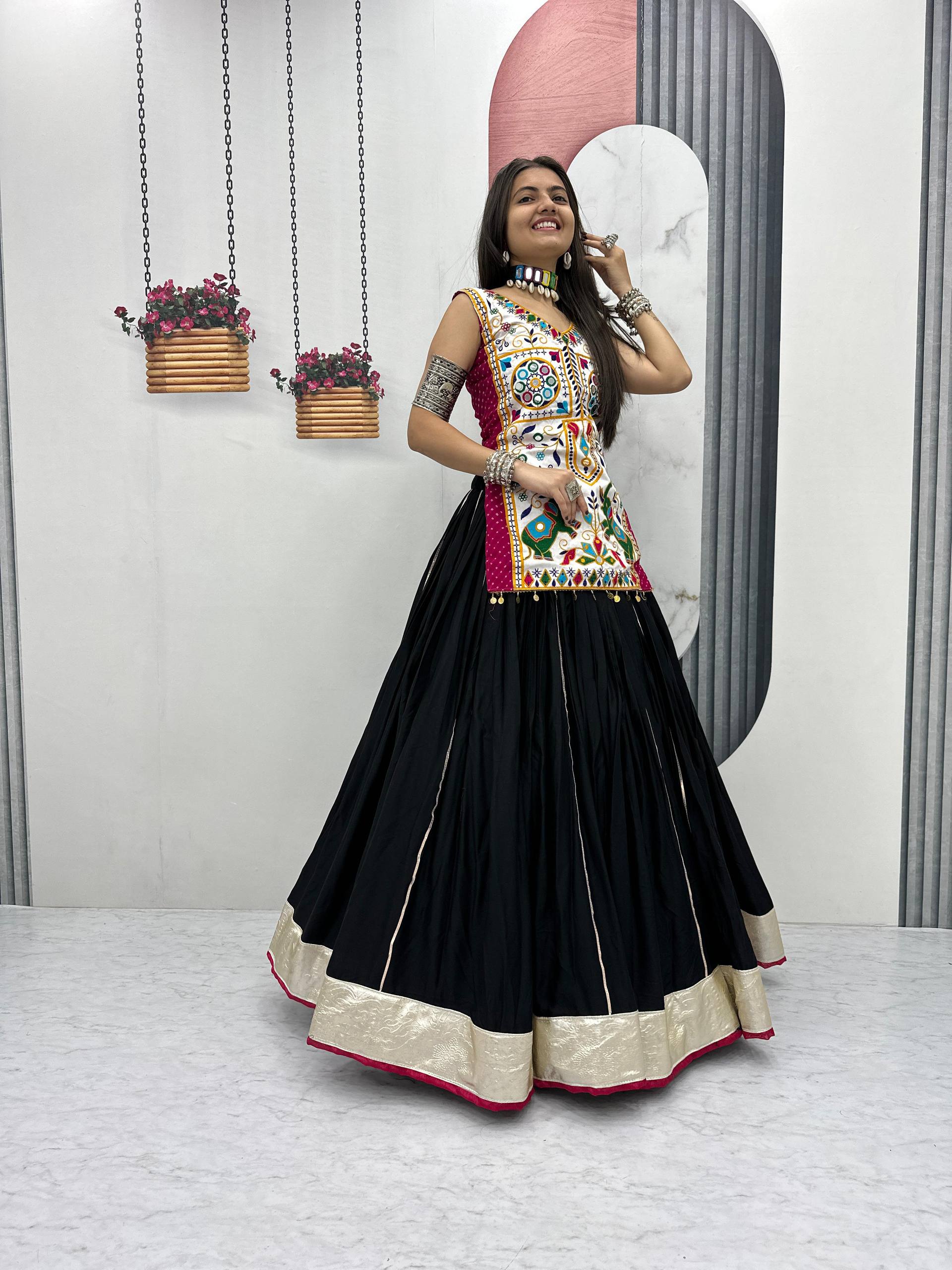 Navratri Collection Mustard Cotton Mirror Work Lehenga Choli