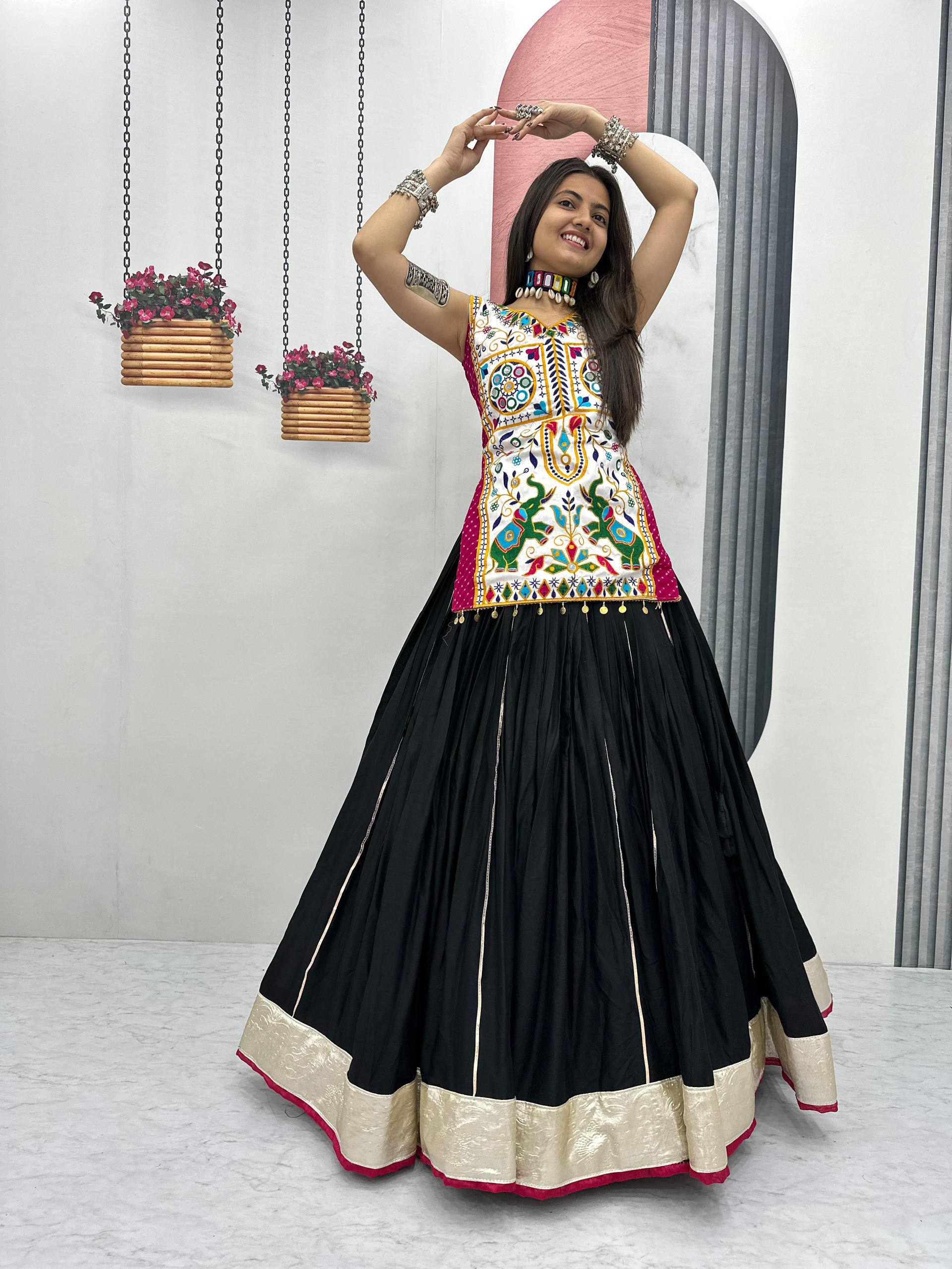 Navratri Collection Mustard Cotton Mirror Work Lehenga Choli
