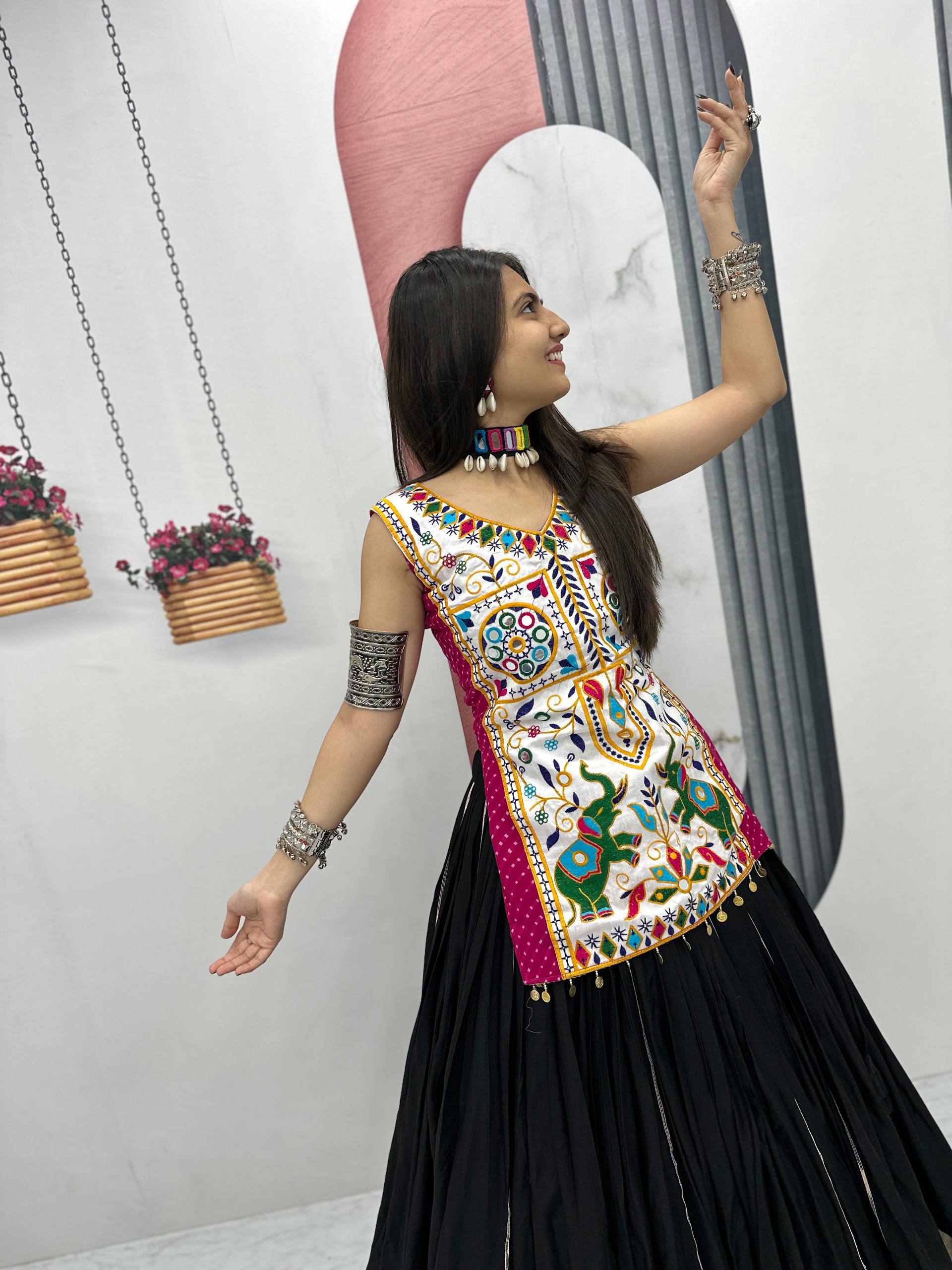 Navratri Collection Mustard Cotton Mirror Work Lehenga Choli