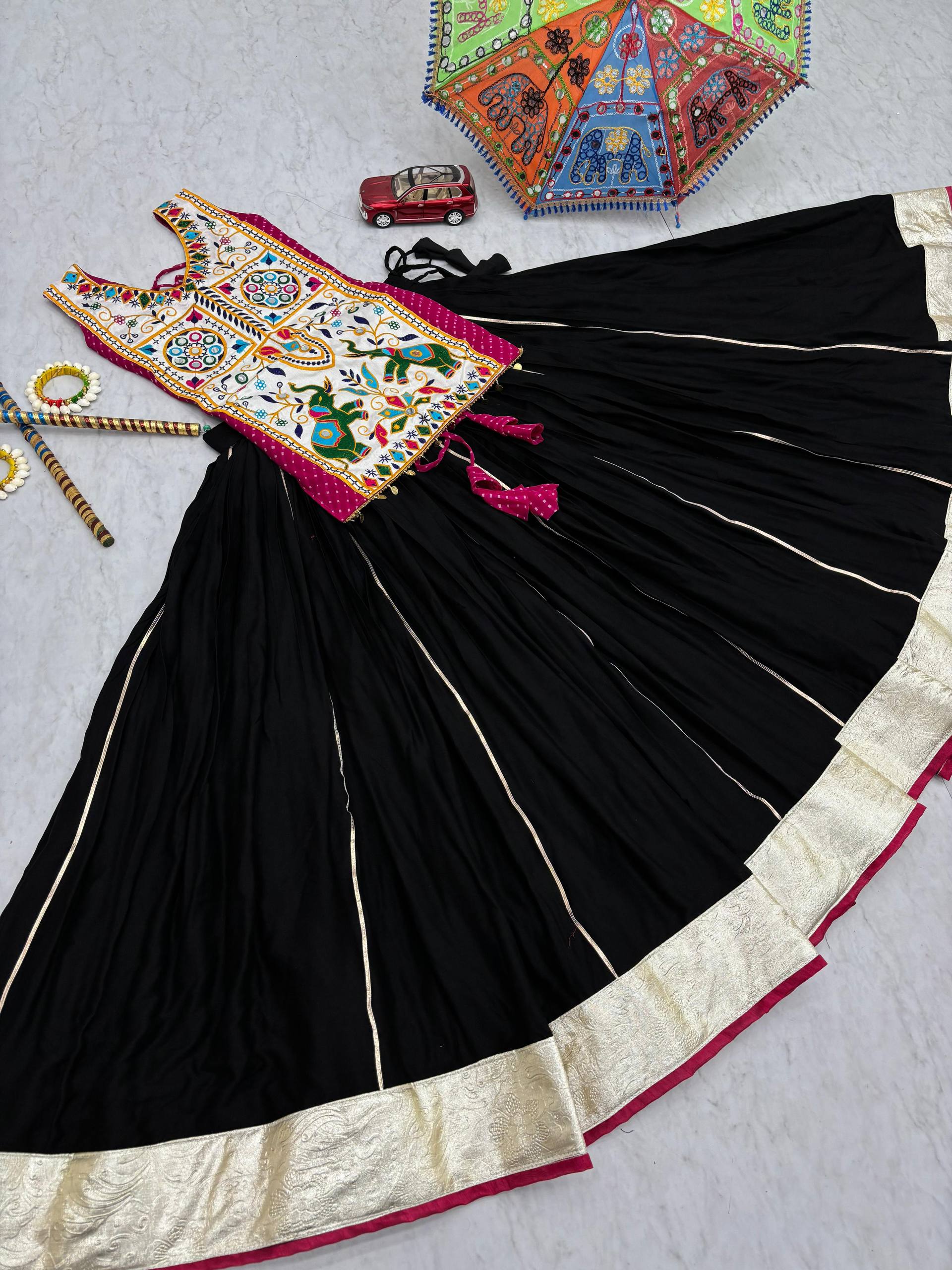 Navratri Collection Mustard Cotton Mirror Work Lehenga Choli
