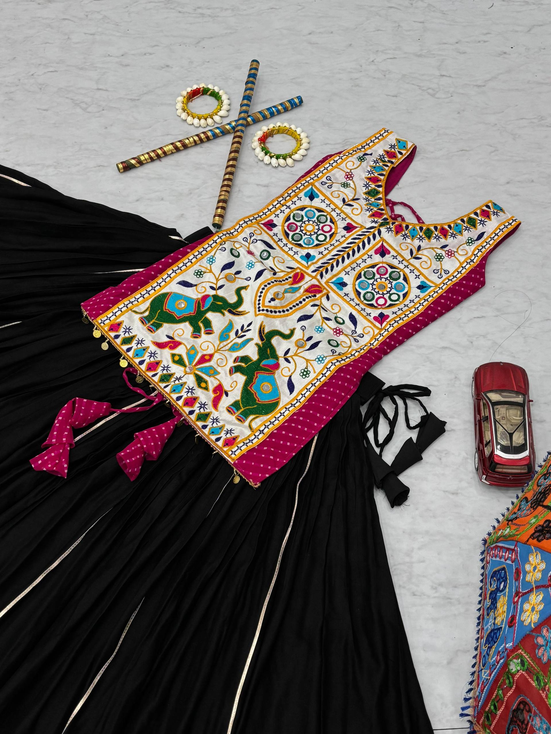 Navratri Collection Mustard Cotton Mirror Work Lehenga Choli