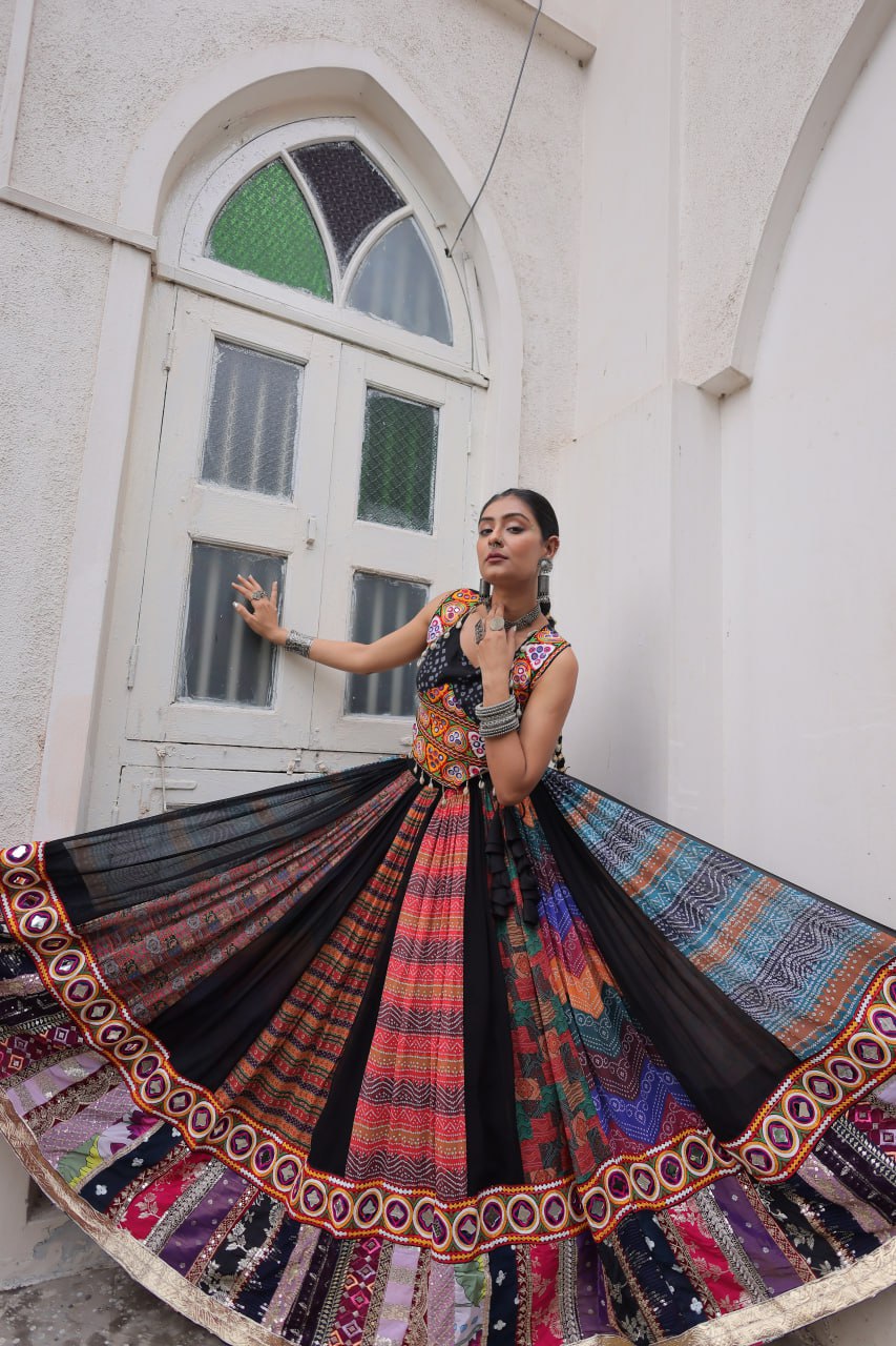 Gorgeous Black Color Georgette Gamthi Work Lehenga Choli