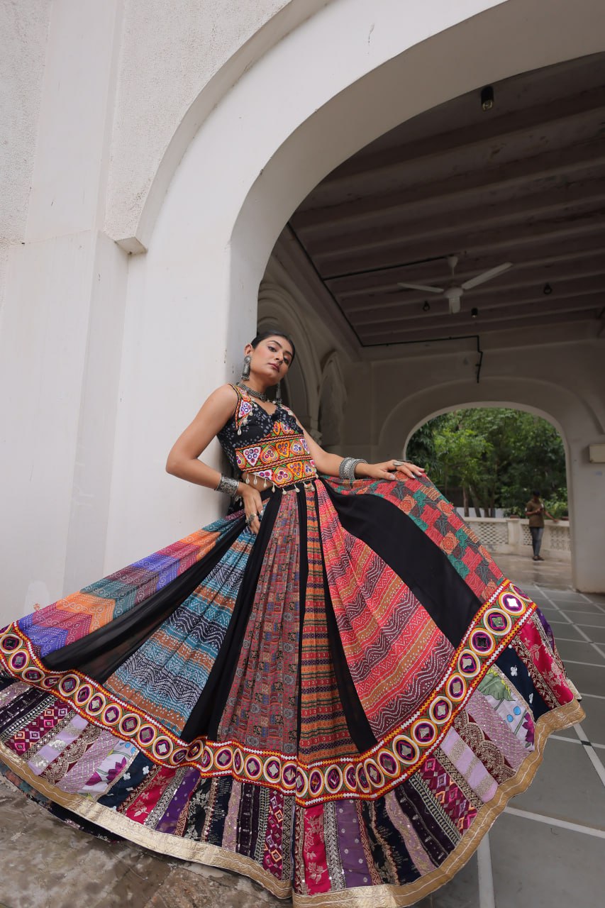 Gorgeous Black Color Georgette Gamthi Work Lehenga Choli