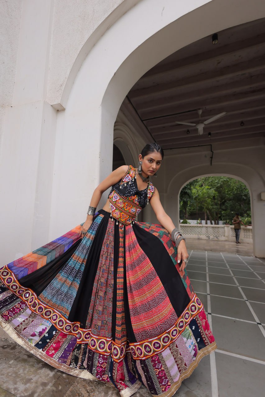 Gorgeous Black Color Georgette Gamthi Work Lehenga Choli
