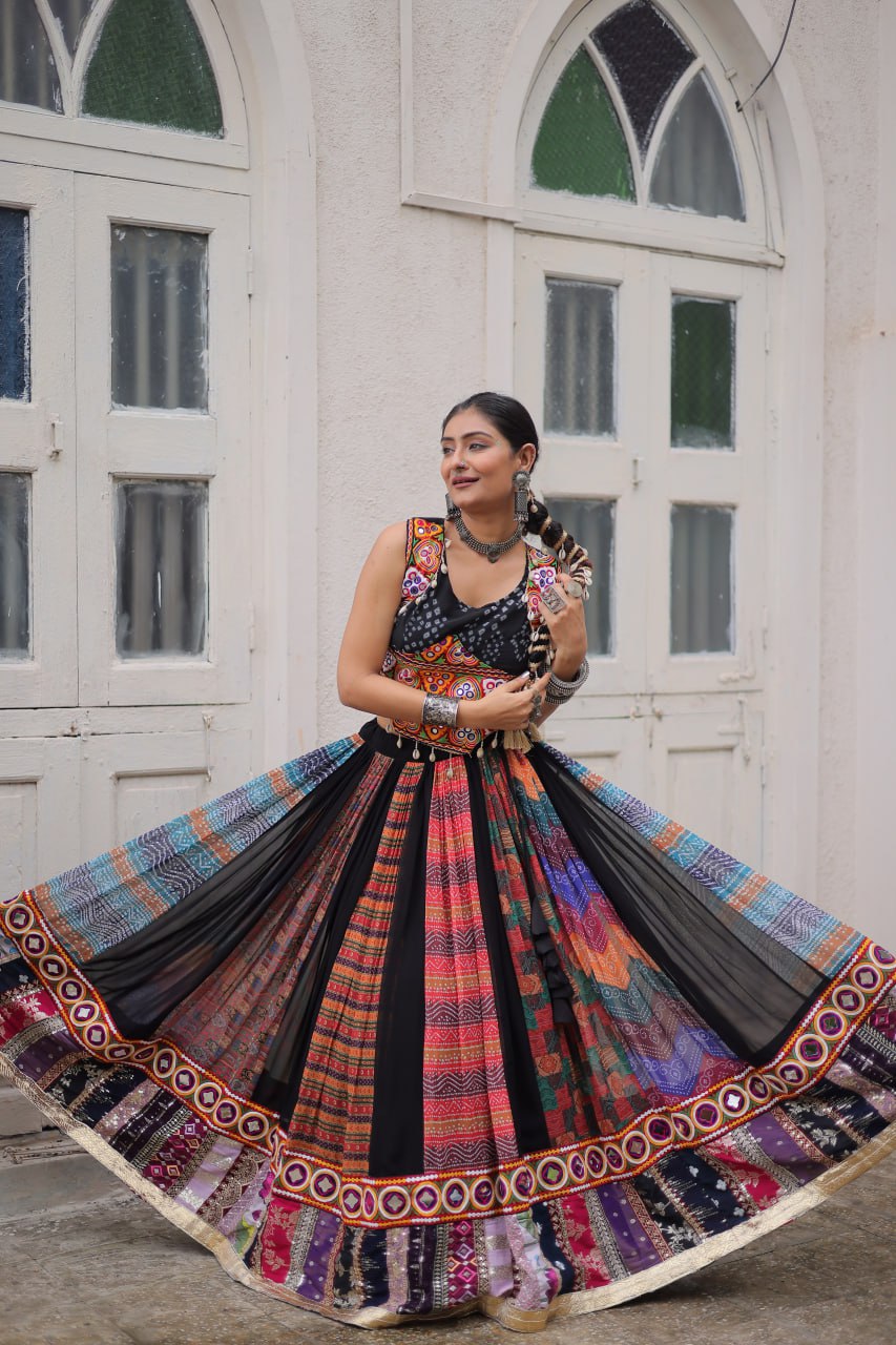 Gorgeous Black Color Georgette Gamthi Work Lehenga Choli