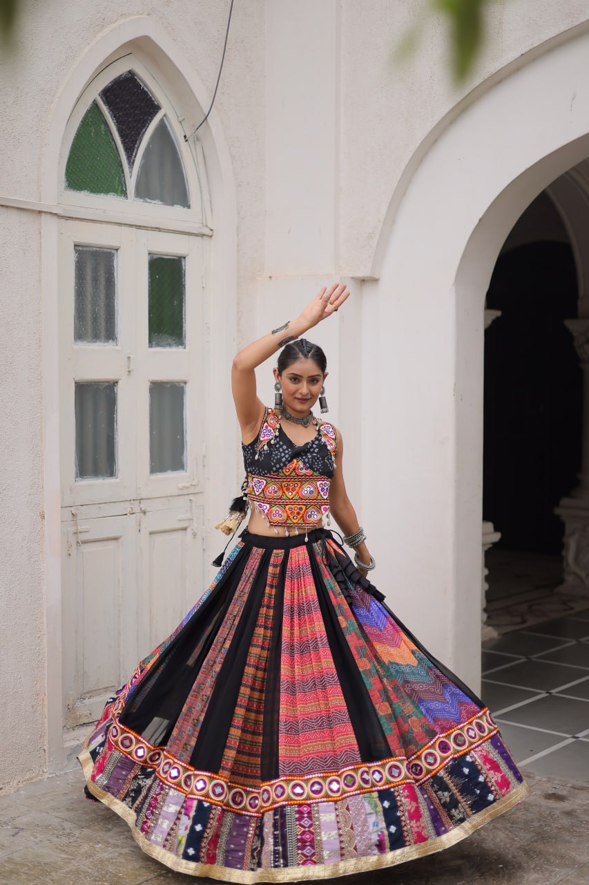 Gorgeous Black Color Georgette Gamthi Work Lehenga Choli