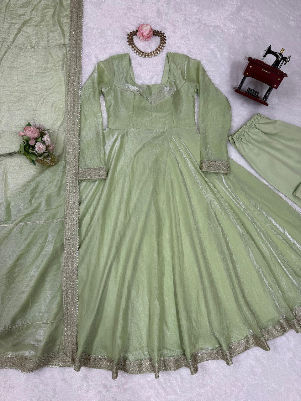 Lovely Pista Color Thread Work Designer Gown
