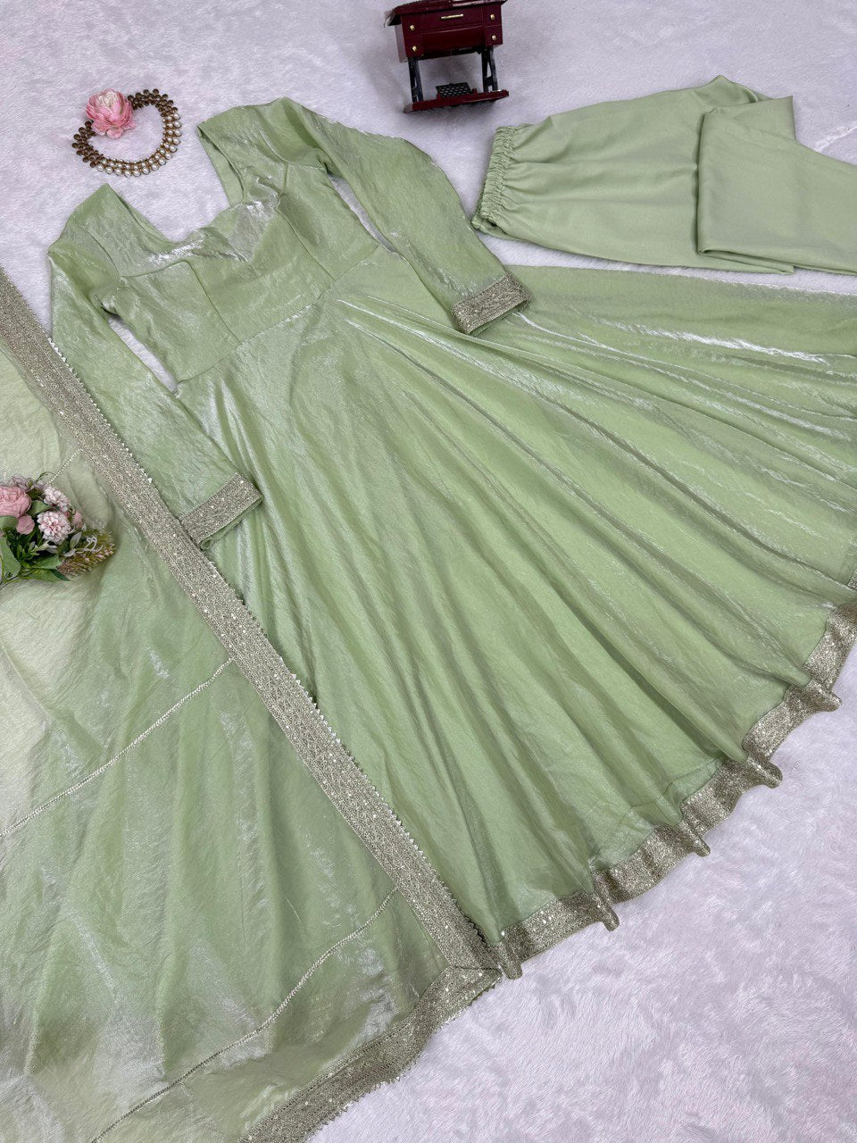 Lovely Pista Color Thread Work Designer Gown