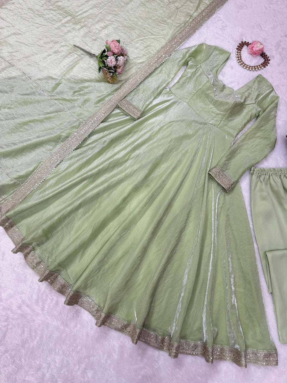 Lovely Pista Color Thread Work Designer Gown