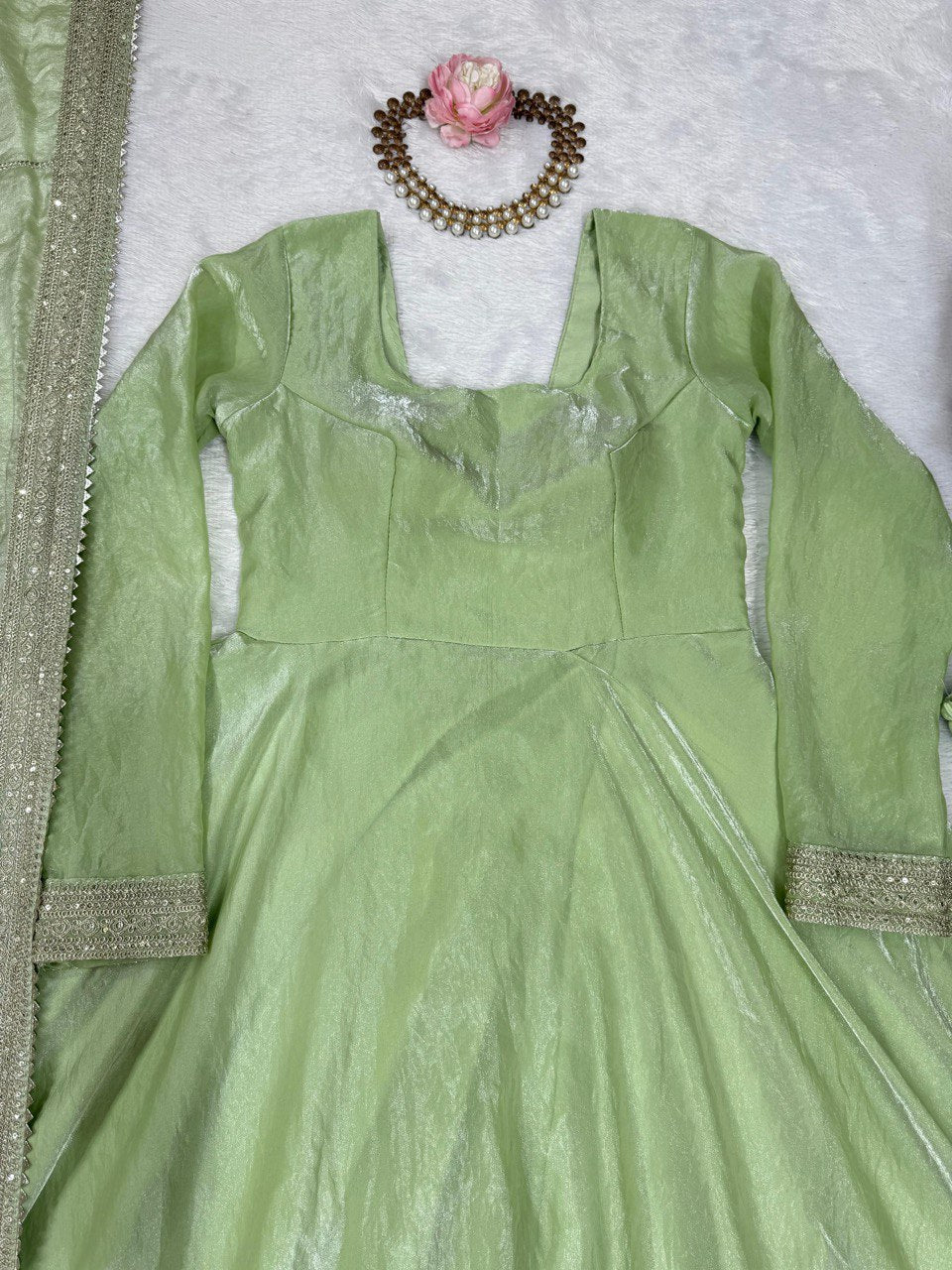 Lovely Pista Color Thread Work Designer Gown