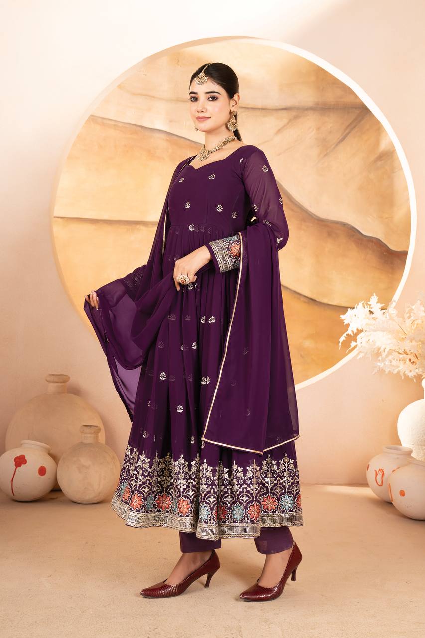 Ravishing Purple Blooming Work Palazzo Suit