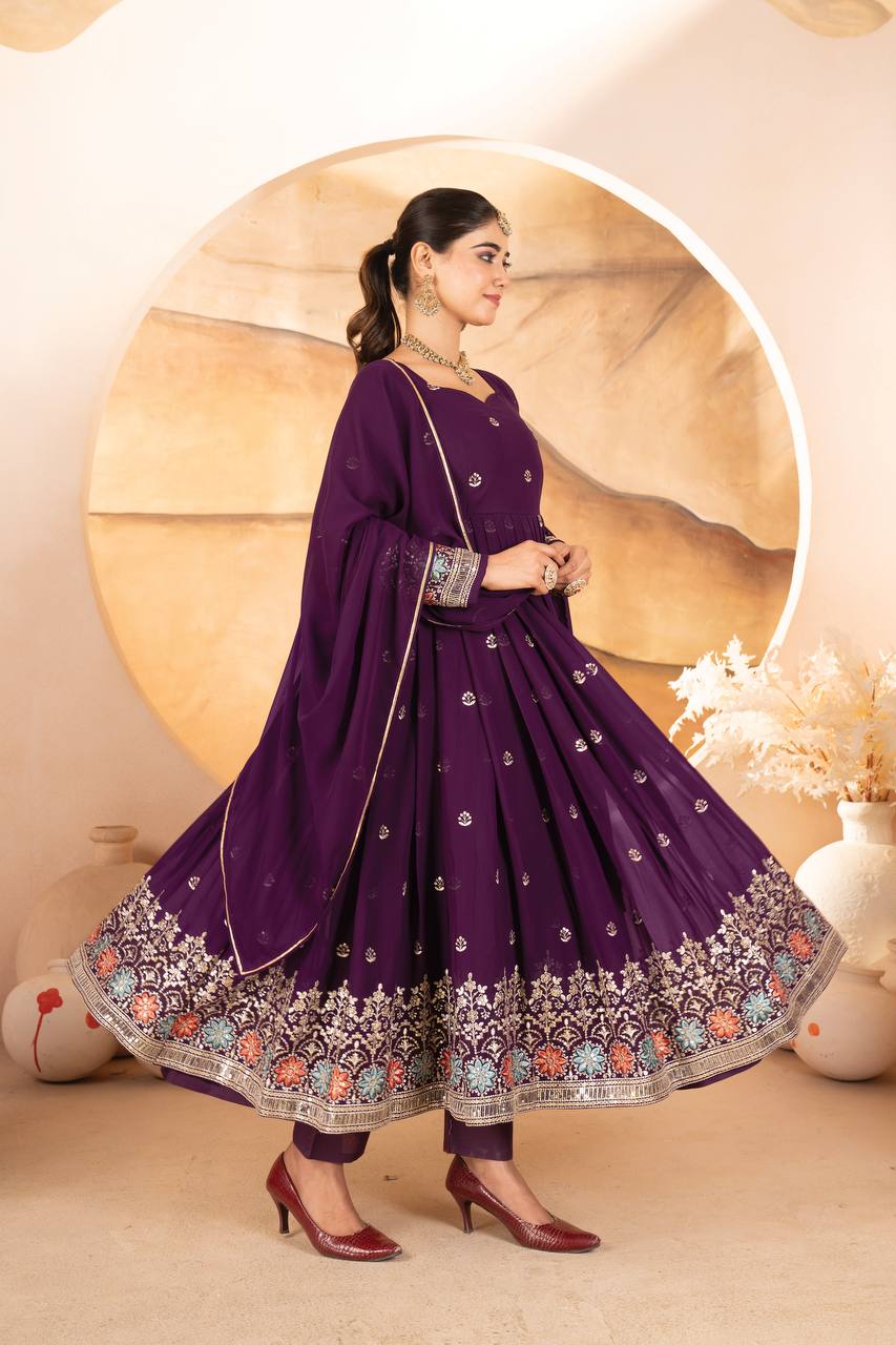 Ravishing Purple Blooming Work Palazzo Suit