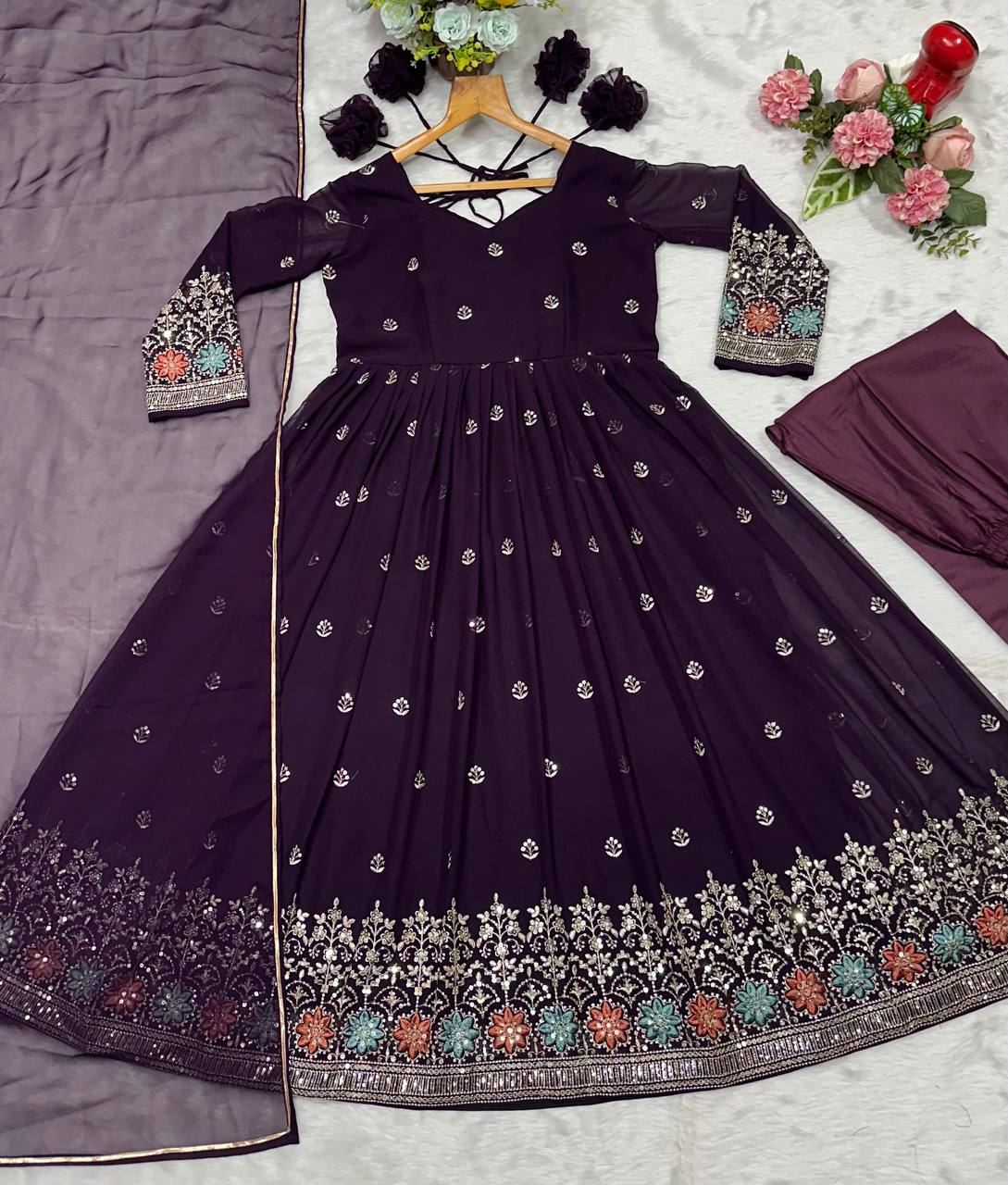 Ravishing Purple Blooming Work Palazzo Suit