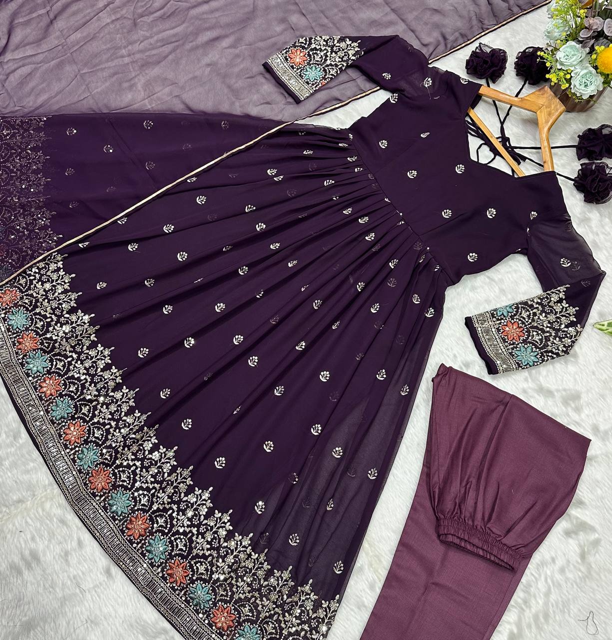 Ravishing Purple Blooming Work Palazzo Suit
