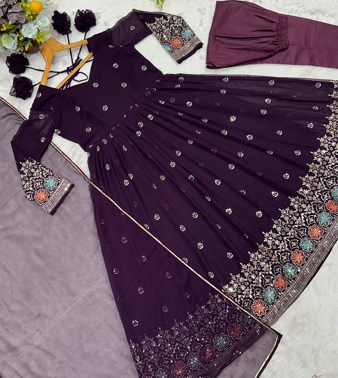 Ravishing Purple Blooming Work Palazzo Suit