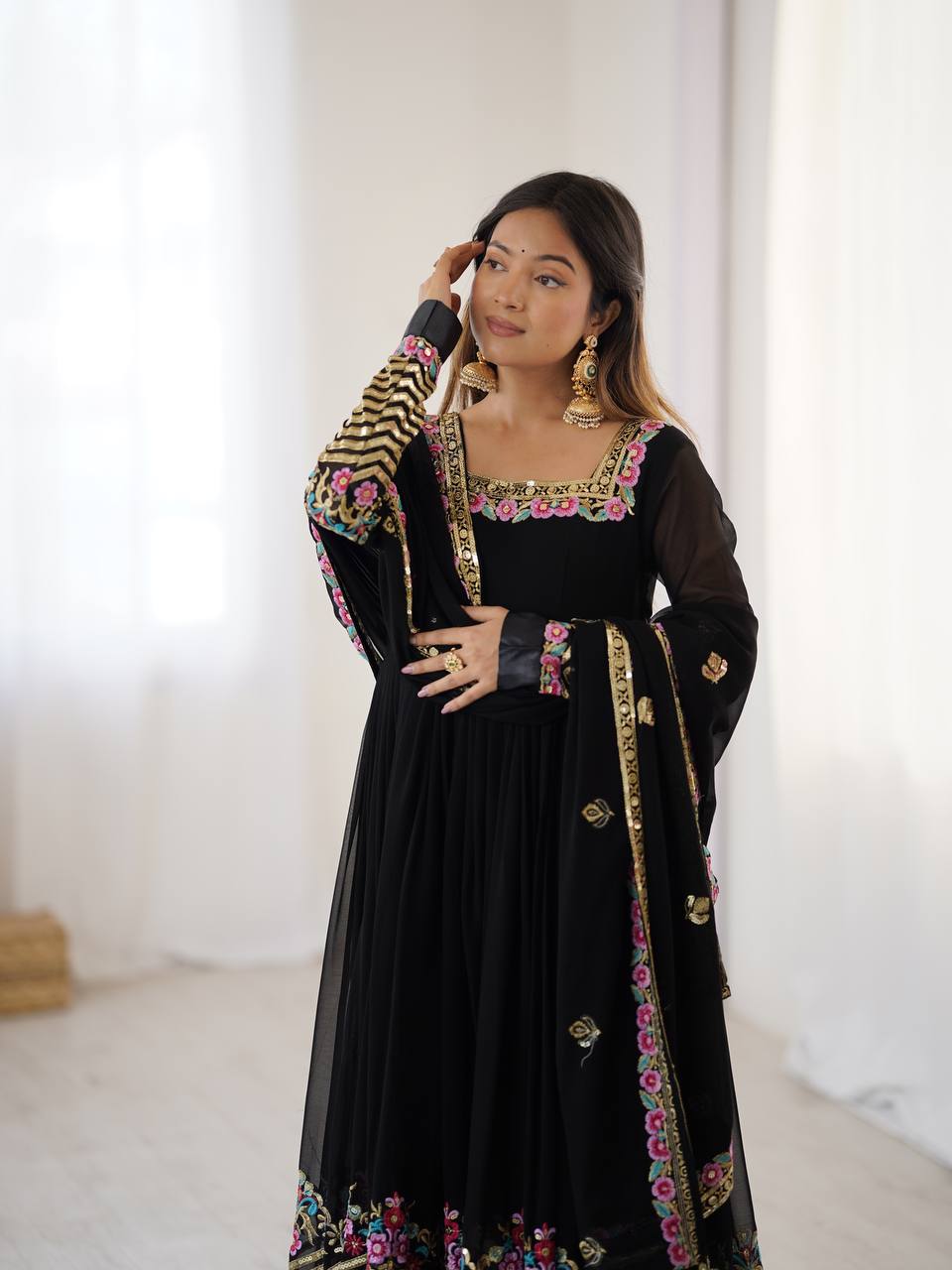 Ravishing Black Color Georgette Embroidery Designer Gown