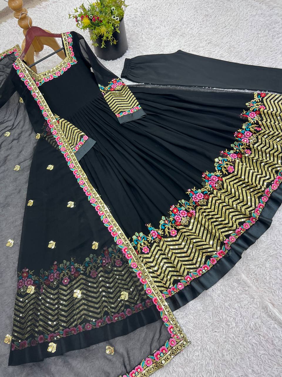 Ravishing Black Color Georgette Embroidery Designer Gown