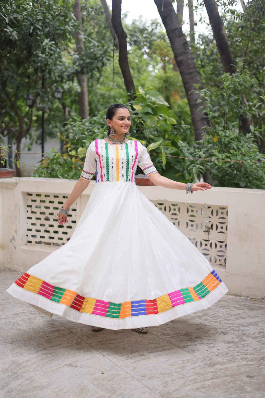 Pretty White Color Multi Thread Work Gown