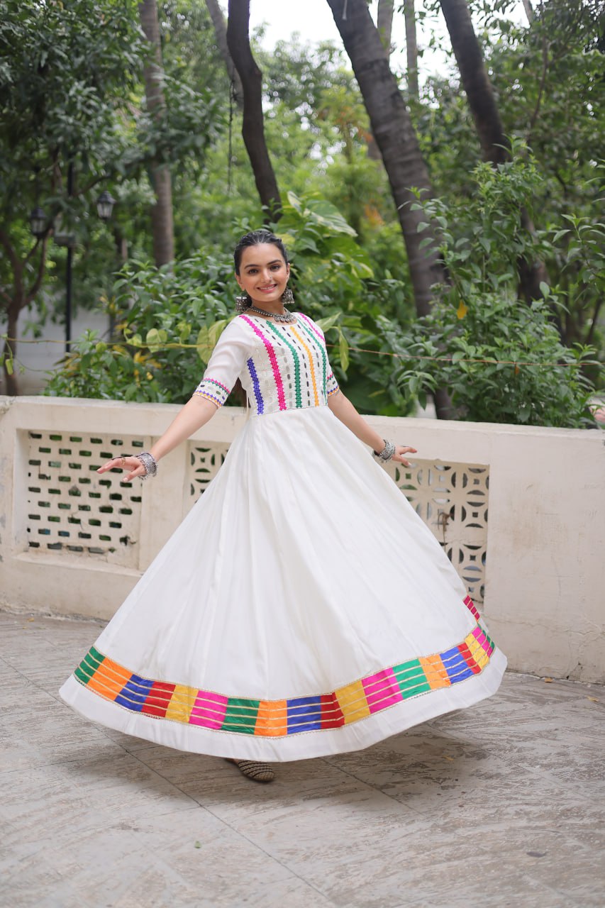 Pretty White Color Multi Thread Work Gown