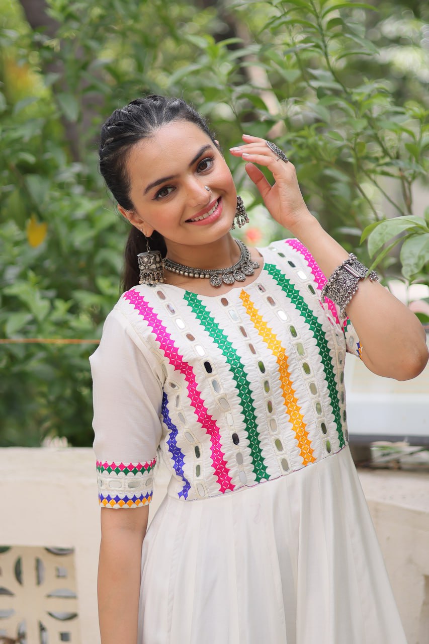 Pretty White Color Multi Thread Work Gown