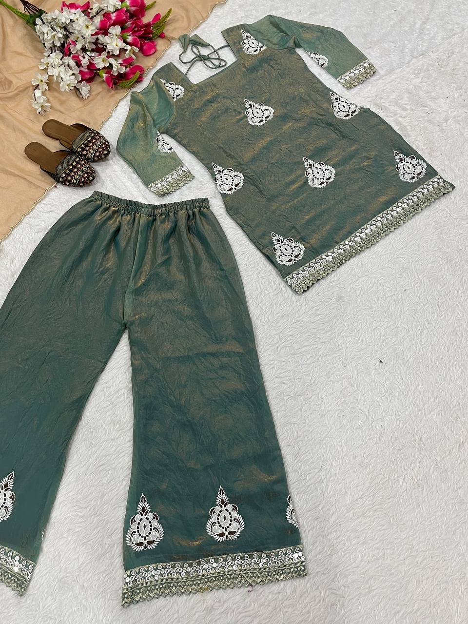 Gorgeous Pista Fendi Silk Sequence Work Palazzo Suit