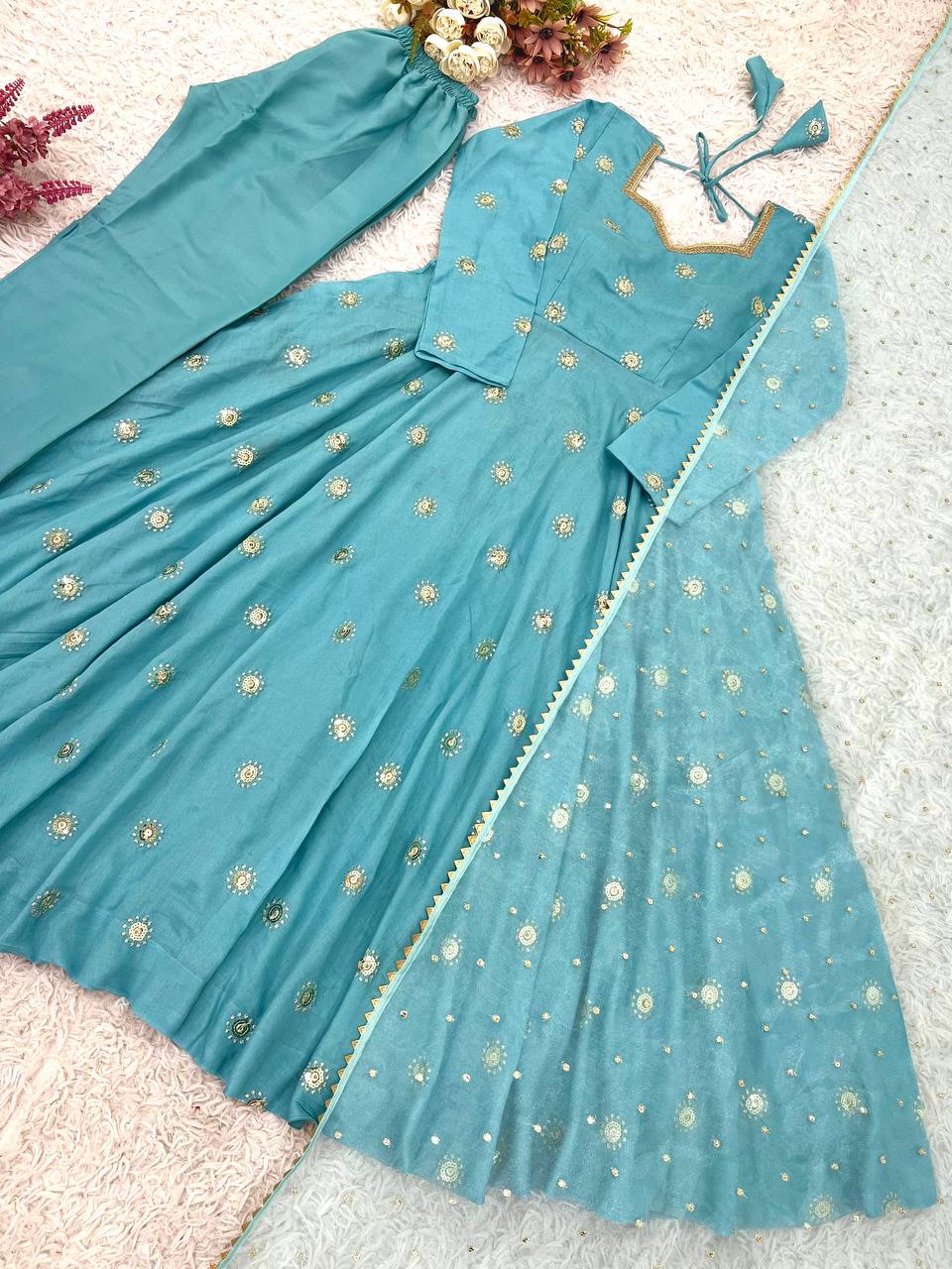 Exclusive Blue Vichitra Silk Sequence Work Gown
