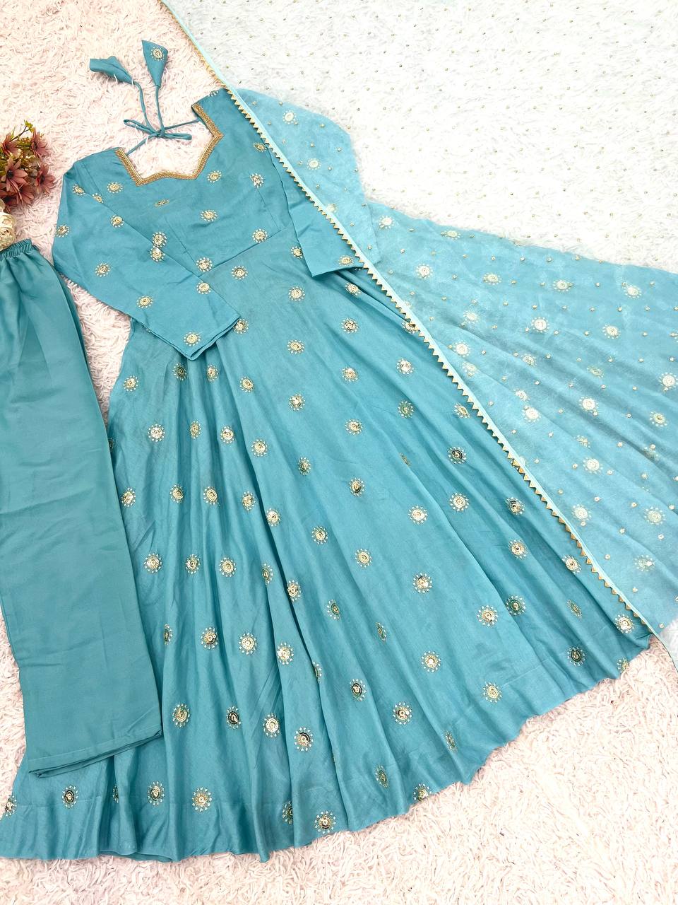 Exclusive Blue Vichitra Silk Sequence Work Gown