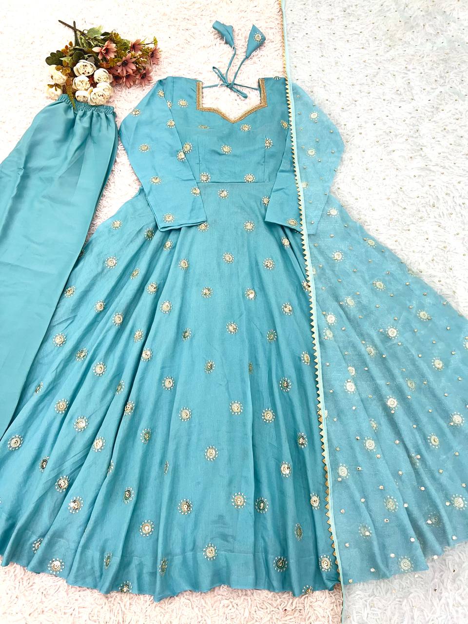 Exclusive Blue Vichitra Silk Sequence Work Gown