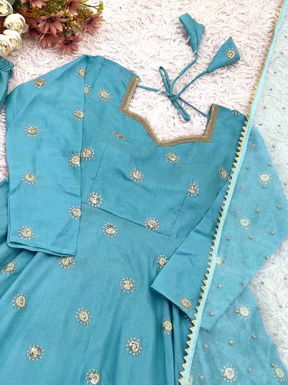 Exclusive Blue Vichitra Silk Sequence Work Gown