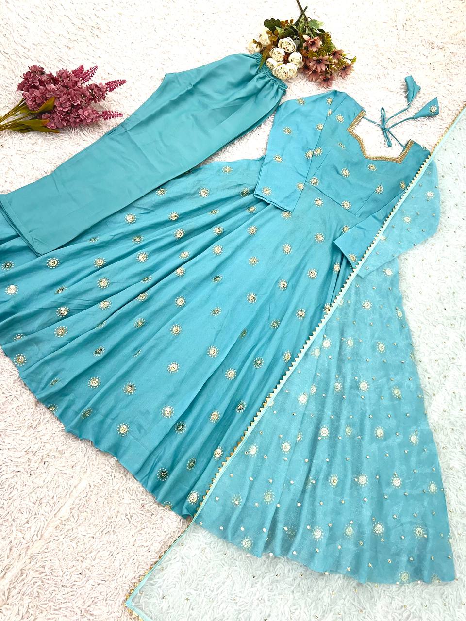Exclusive Blue Vichitra Silk Sequence Work Gown