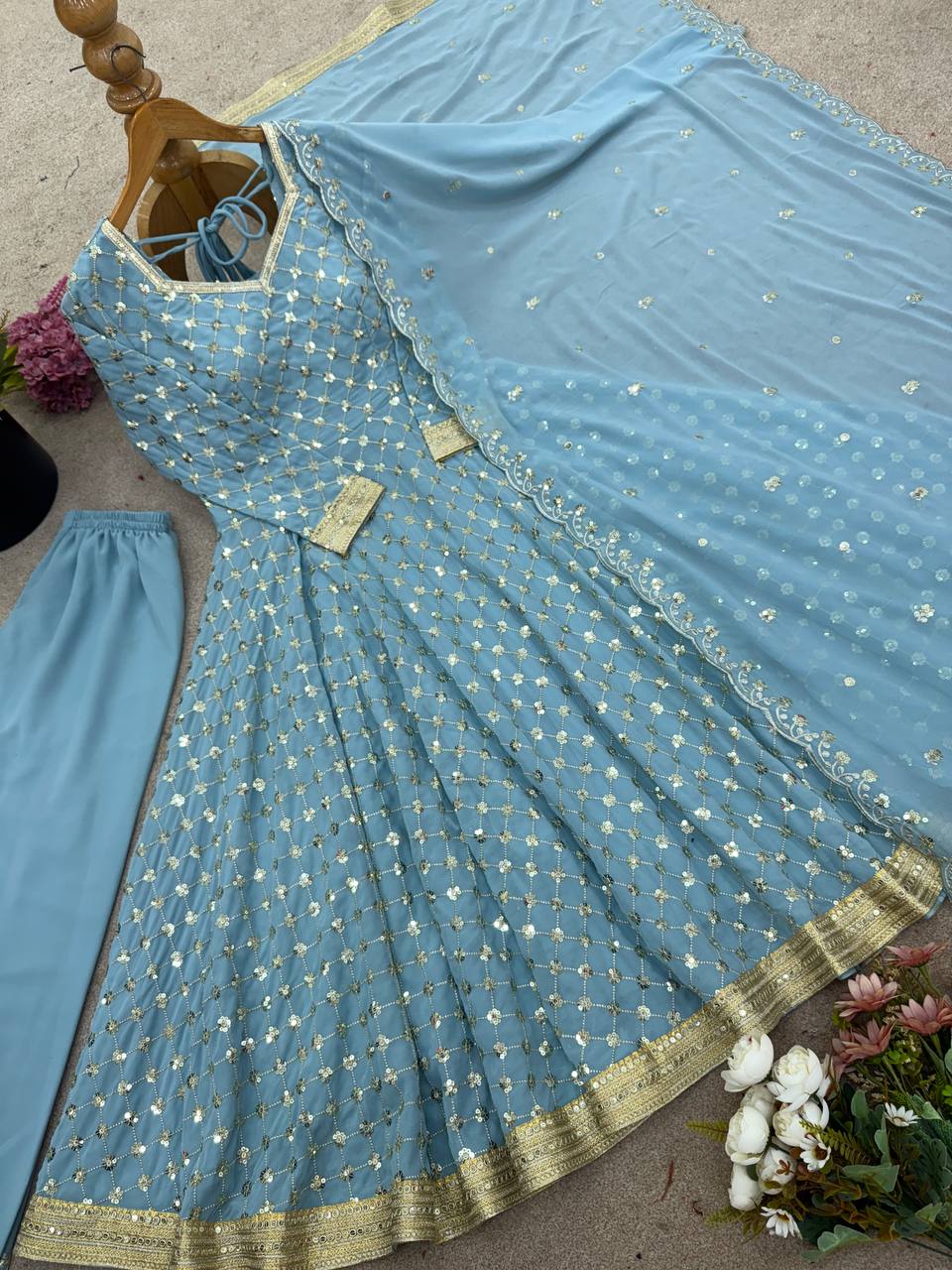 Gorgeous Sky Blue Georgette Embroidery Work Gown