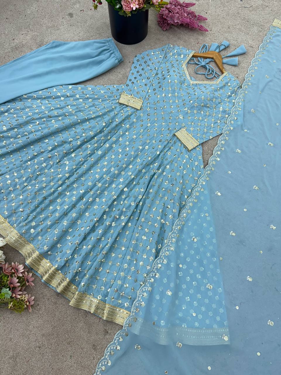 Gorgeous Sky Blue Georgette Embroidery Work Gown