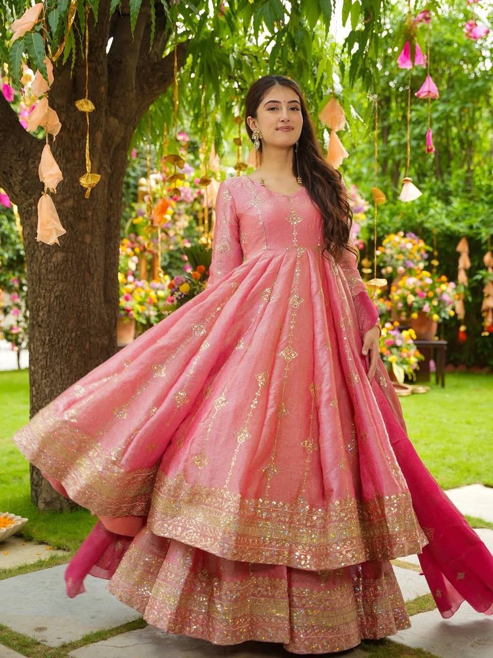 Trendy Pink Silk Sequence Work Sharara Suit