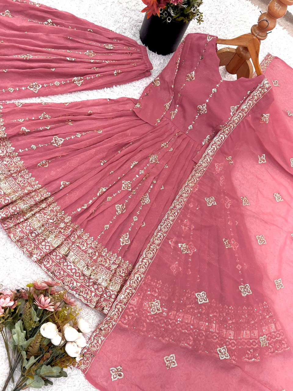 Trendy Pink Silk Sequence Work Sharara Suit