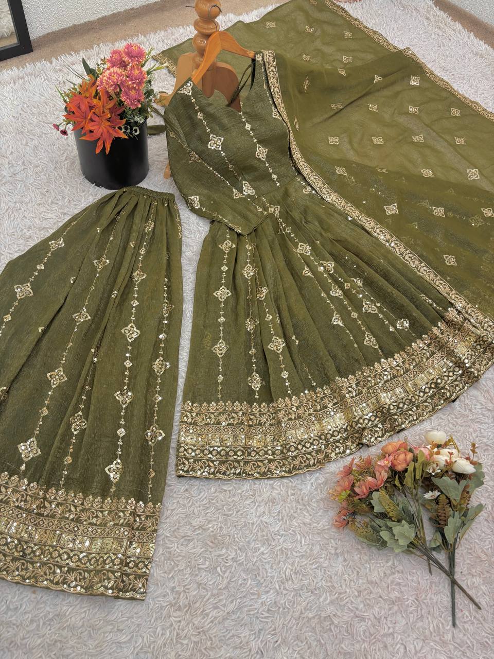Trendy Pink Silk Sequence Work Sharara Suit